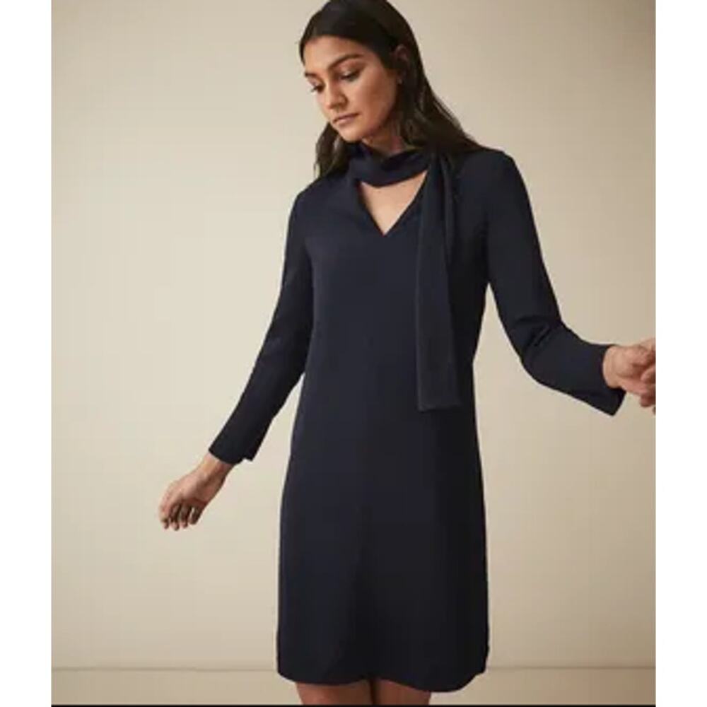 Reiss Mirela Neck Tie Knee Length Long Sleeve Dress Navy Blue Women's Size XS - Picture 3 of 16